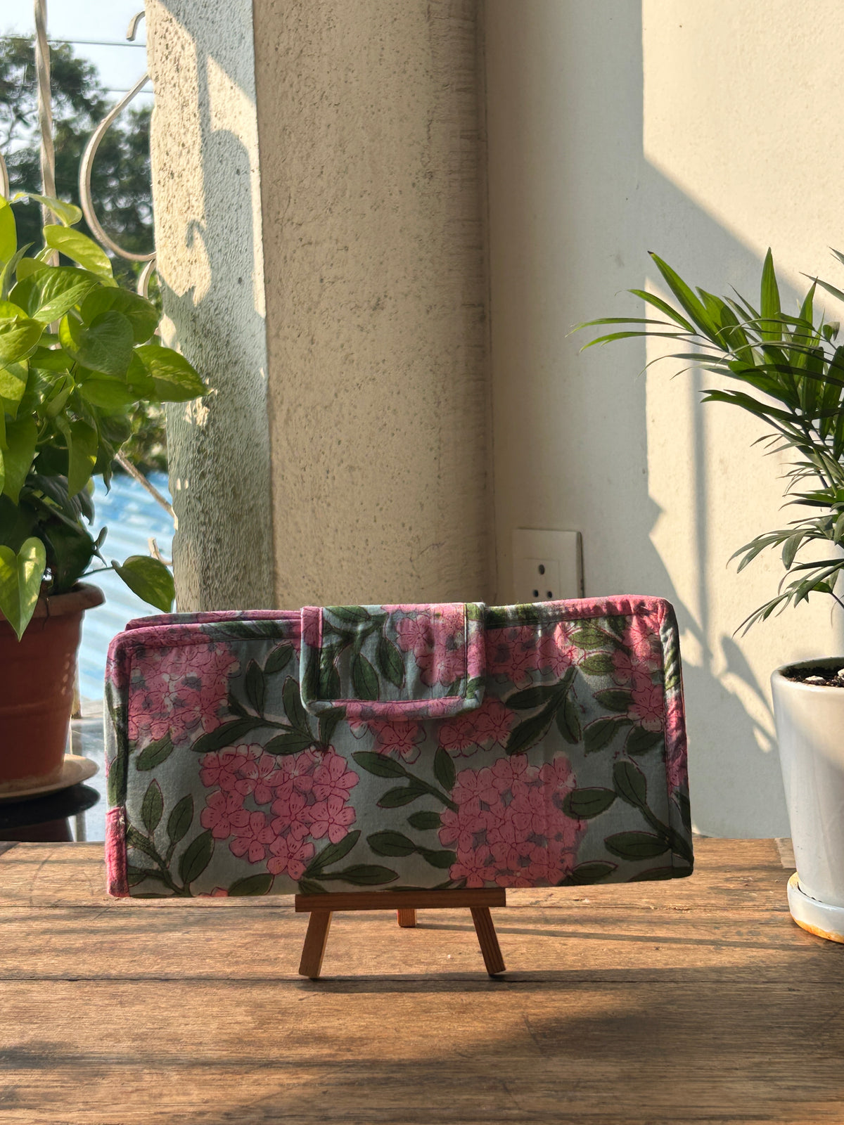Combo of Mini Karrier Makeup Pouch + Toiletory Pouch + Sunglass Cover - Pink Meadow | Handmade Cotton Pouches