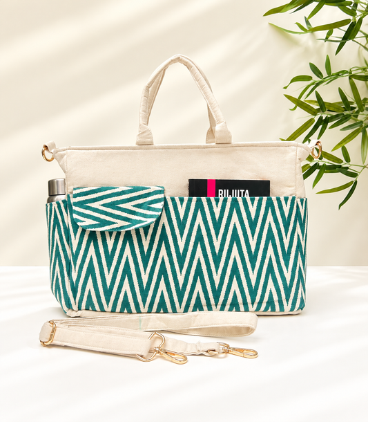 Work-to-Weekend Tote Bag – Laptop Tote for Women | White - Emerald Weave