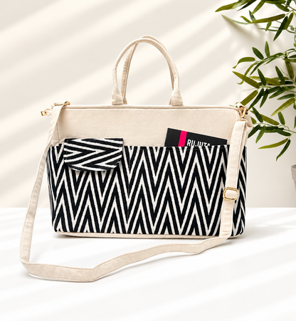 Work-to-Weekend Tote Bag – Laptop Tote for Women | White - Black Rhythm