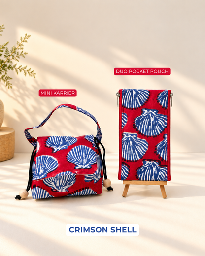 Combo of  Mini Karrier Makeup Pouch & Duo Pocket Pouch - Crimson Shell | Handmade Cotton Pouches