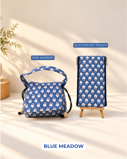 Combo of  Mini Karrier Makeup Pouch & Duo Pocket Pouch - Blue Meadow | Handmade Cotton Pouches
