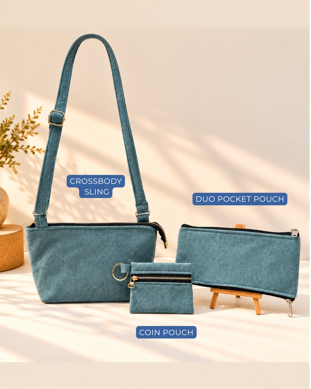 Combo Of Crossbody Sling + Duo Pocket Pouch + Keychain Pouch - Smoky Teal
