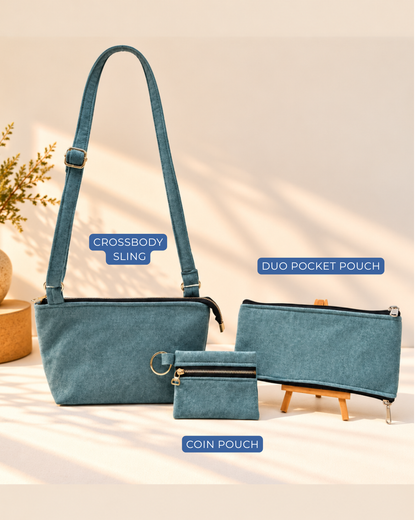 Combo Of Crossbody Sling + Duo Pocket Pouch + Keychain Pouch - Smoky Teal