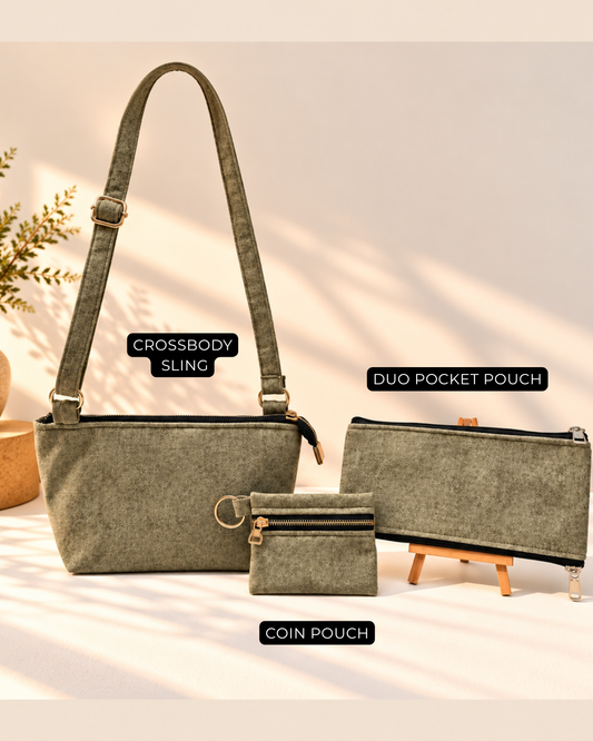 Combo Of Crossbody Sling + Duo Pocket Pouch + Keychain Pouch - Dusty Olive