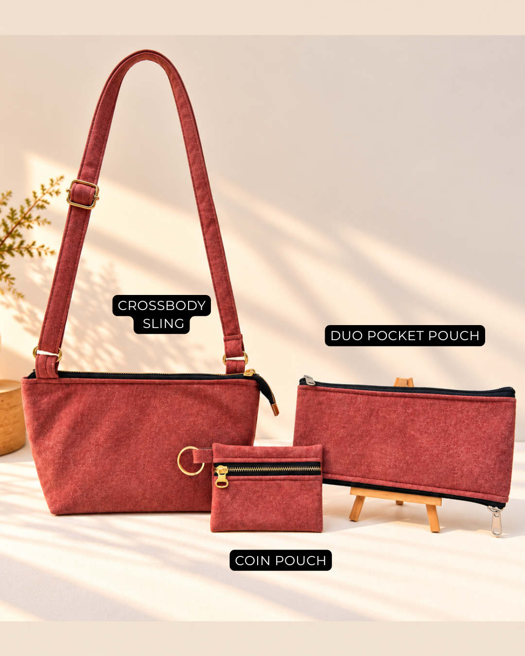 Combo Of Crossbody Sling + Duo Pocket Pouch + Keychain Pouch - Brick Brown