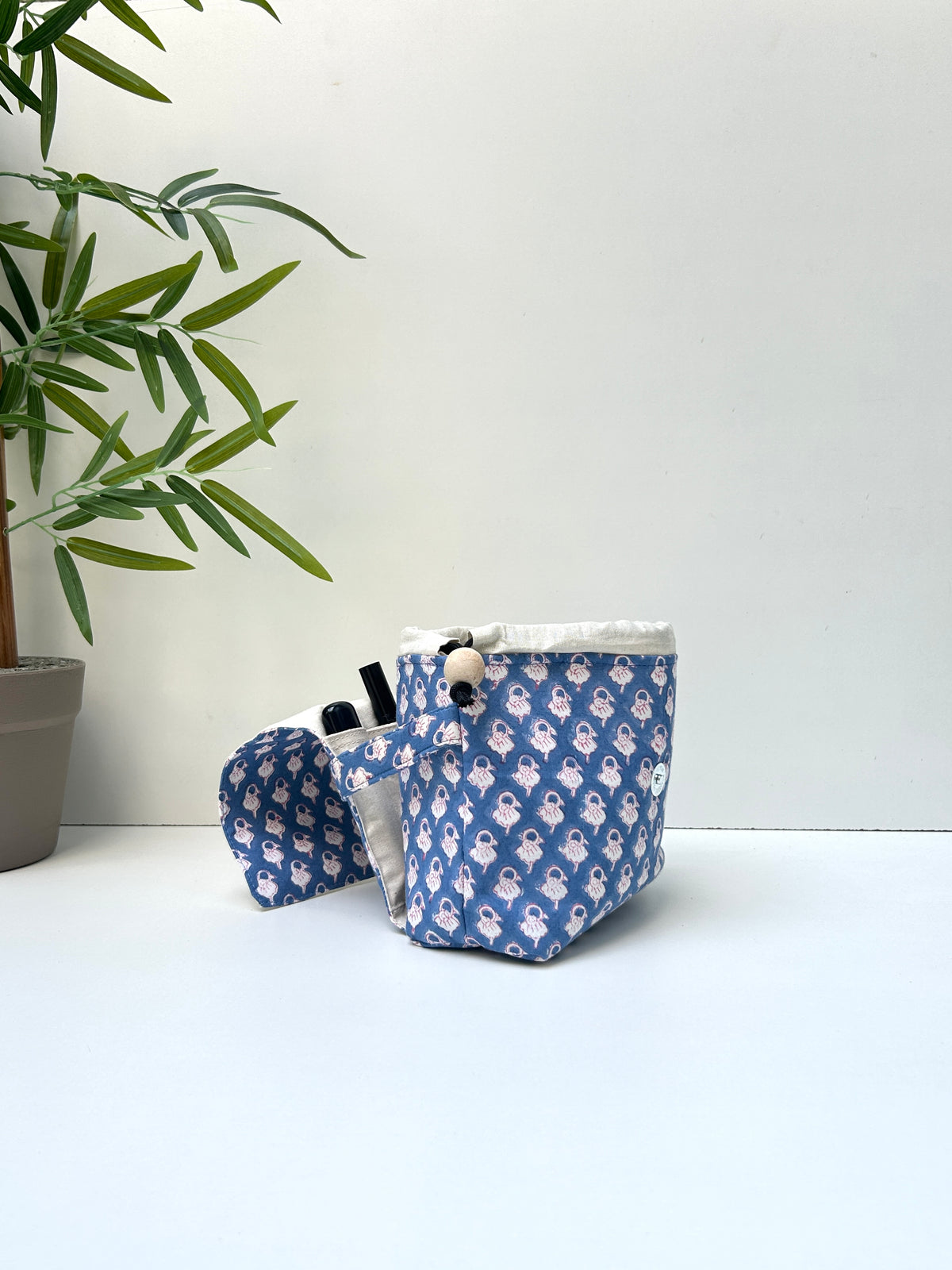 Combo of  Mini Karrier Makeup Pouch & Duo Pocket Pouch - Blue Meadow | Handmade Cotton Pouches