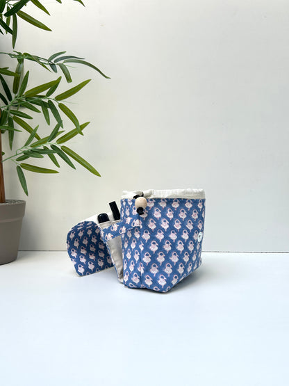 Combo of  Mini Karrier Makeup Pouch & Duo Pocket Pouch - Blue Meadow | Handmade Cotton Pouches