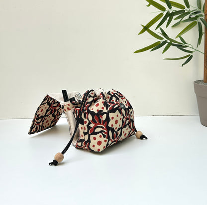Combo of  Mini Karrier Makeup Pouch + Toiletory Pouch + Sunglass Cover - Terracotta Bloom | Handmade Cotton Pouches