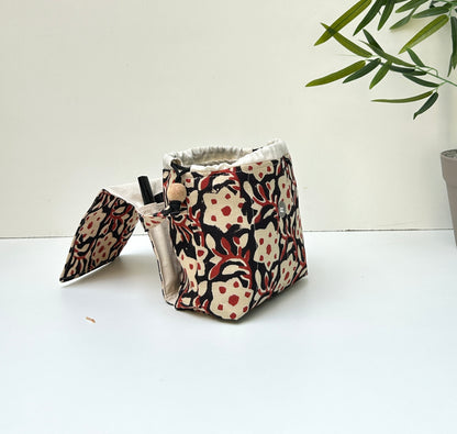 Combo of  Mini Karrier Makeup Pouch + Toiletory Pouch + Sunglass Cover - Terracotta Bloom | Handmade Cotton Pouches