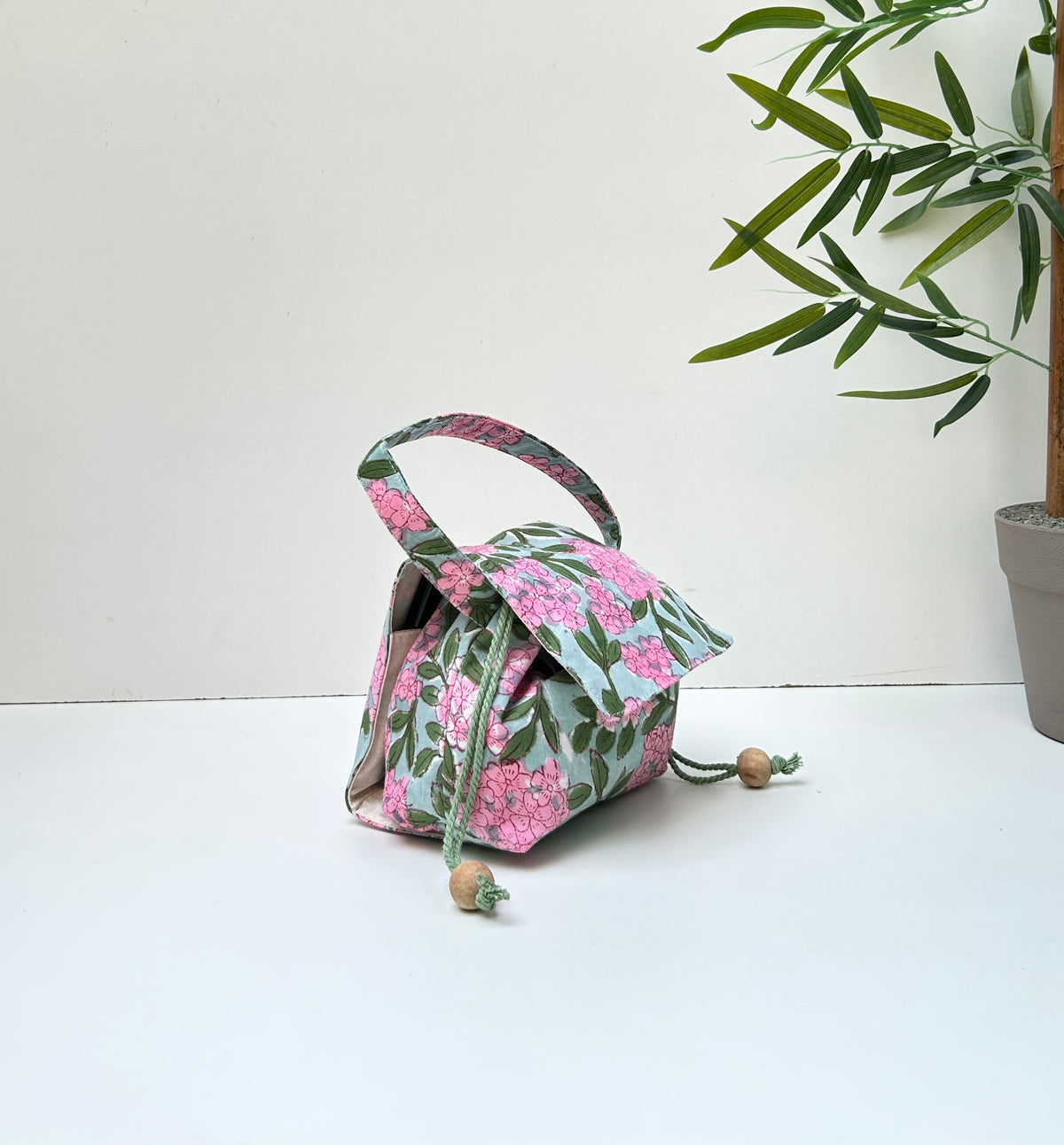 Combo of  Mini Karrier Makeup Pouch + Toiletory Pouch + Sunglass Cover - Pink Meadow | Handmade Cotton Pouches