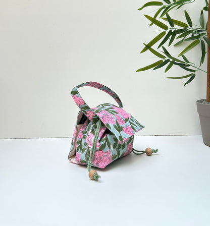 Combo of  Mini Karrier Makeup Pouch + Toiletory Pouch + Sunglass Cover - Pink Meadow | Handmade Cotton Pouches