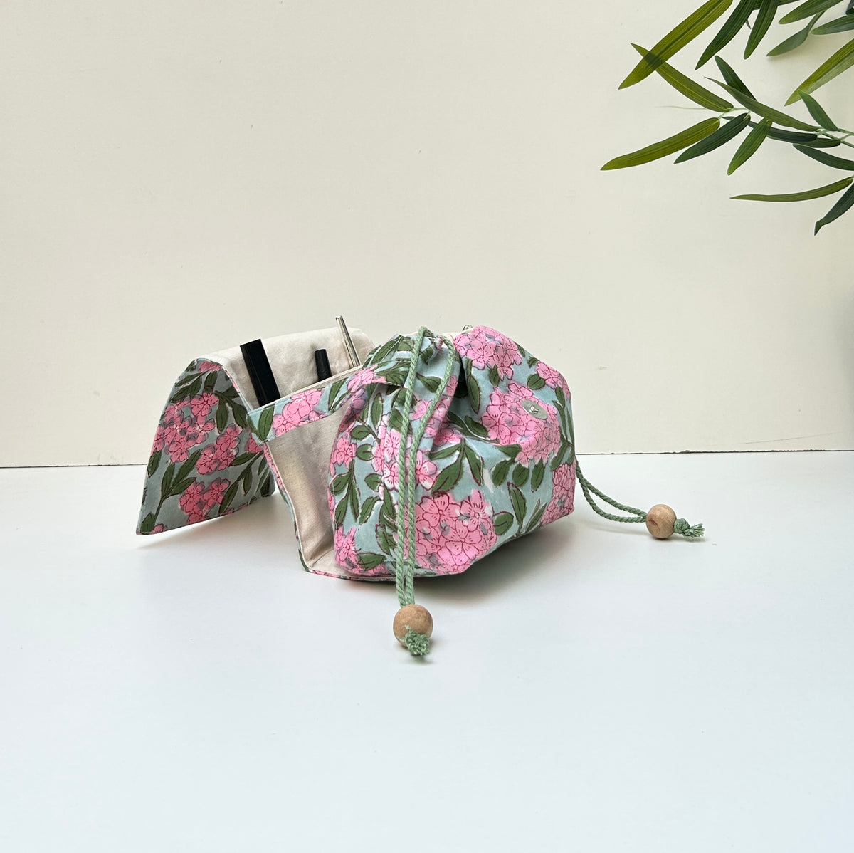 Combo of  Mini Karrier Makeup Pouch + Toiletory Pouch + Sunglass Cover - Pink Meadow | Handmade Cotton Pouches