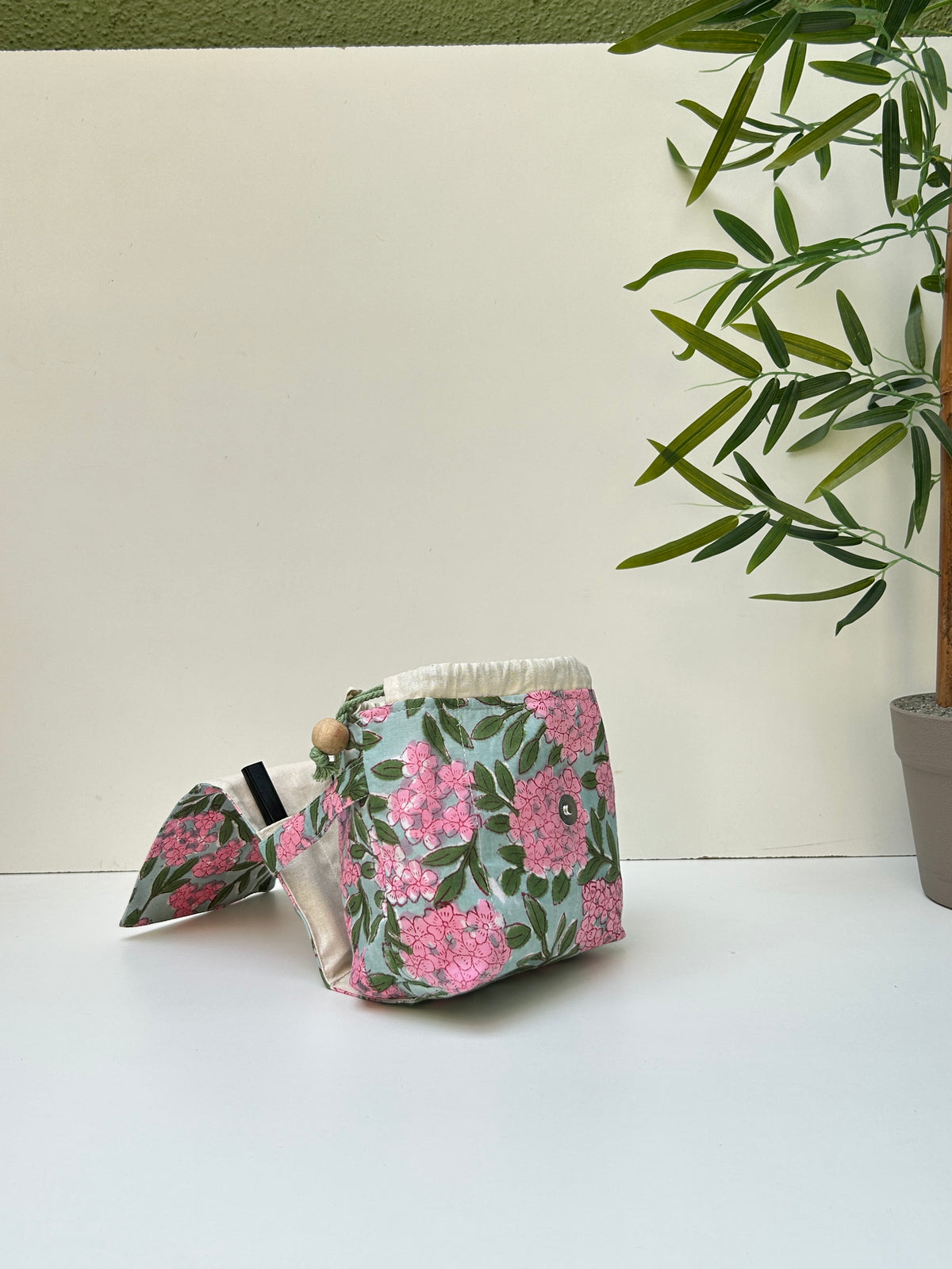 Combo of  Mini Karrier Makeup Pouch + Toiletory Pouch + Sunglass Cover - Pink Meadow | Handmade Cotton Pouches