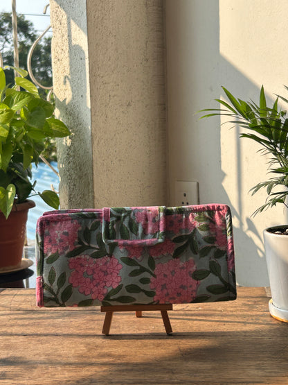 Combo of  Mini Karrier Makeup Pouch + Toiletory Pouch + Sunglass Cover - Pink Meadow | Handmade Cotton Pouches