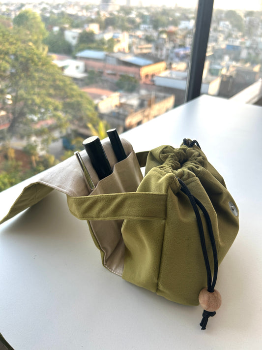 Olive Green Suede Mini Karrier Makeup Pouch