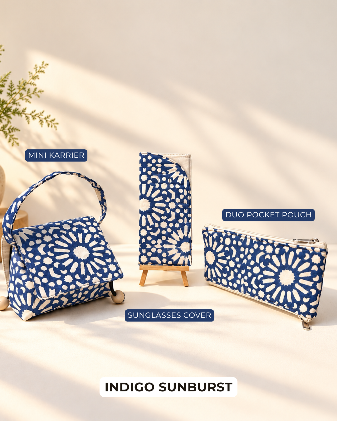 Combo of  Mini Karrier Makeup Pouch + Duo Pocket Pouch + Sunglass Cover - Indigo Sunburst| Handmade Cotton Pouches