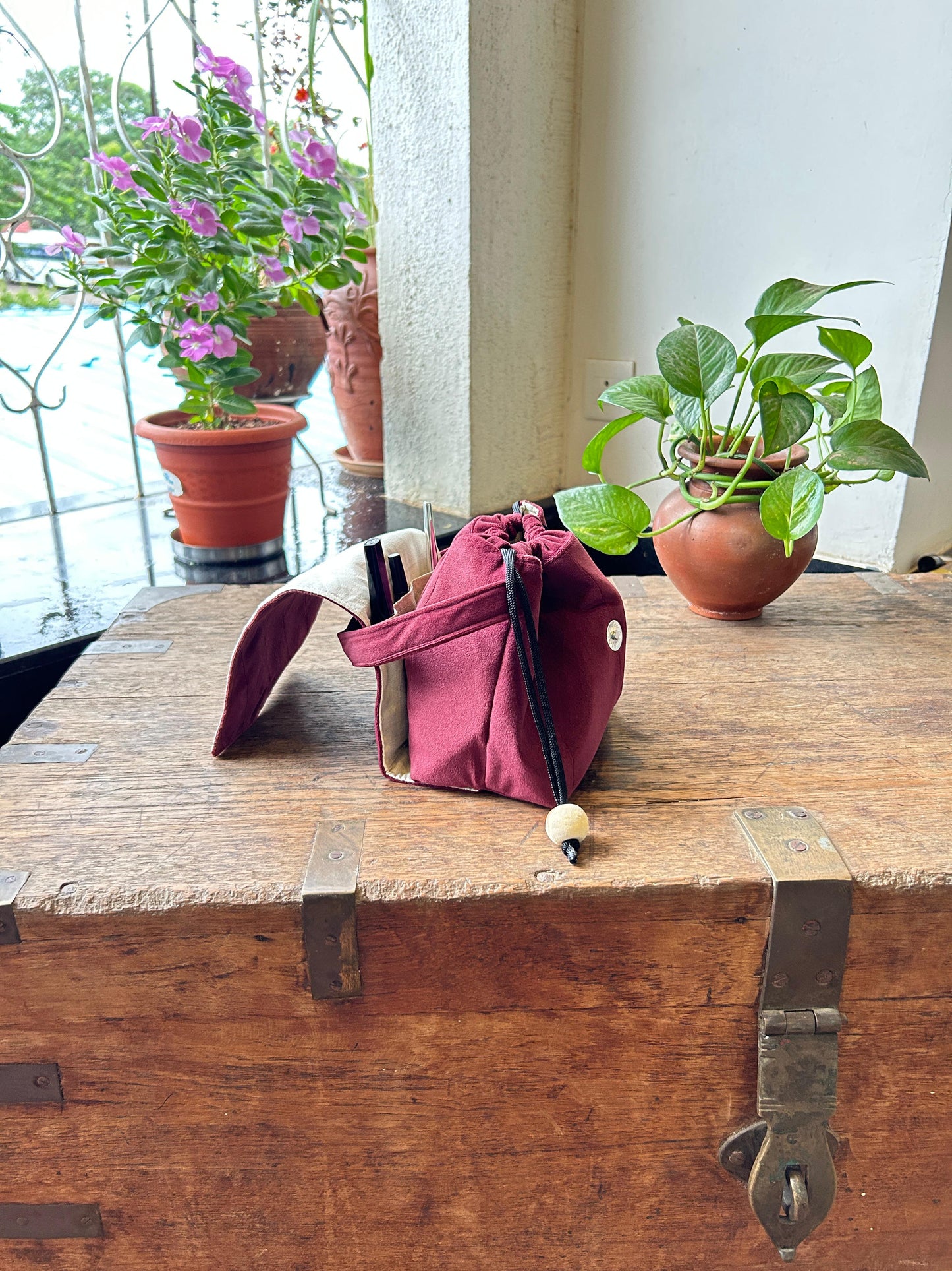 Burgundy Suede Mini Karrier Makeup Pouch