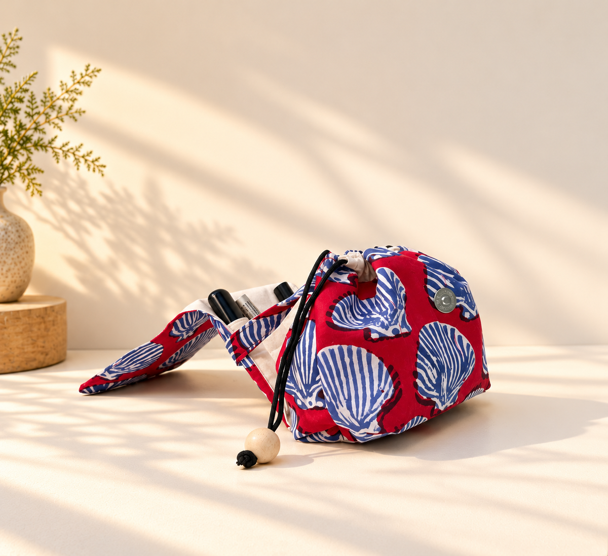 Combo of  Mini Karrier Makeup Pouch & Duo Pocket Pouch - Crimson Shell | Handmade Cotton Pouches