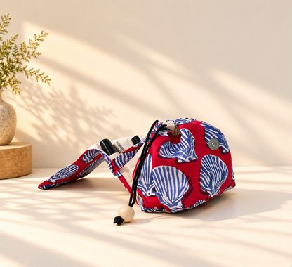 Combo of  Mini Karrier Makeup Pouch & Duo Pocket Pouch - Crimson Shell | Handmade Cotton Pouches