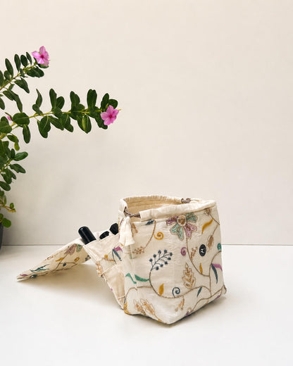 Ivory Bloom Embroidered Potli Bag – Cotton Drawstring Handbag for Weddings & Festive Wear