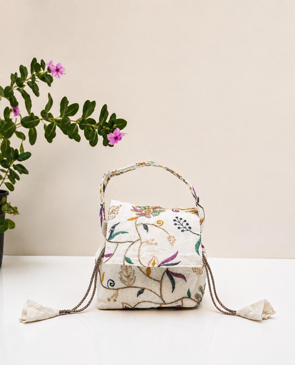Ivory Bloom Embroidered Potli Bag – Cotton Drawstring Handbag for Weddings & Festive Wear