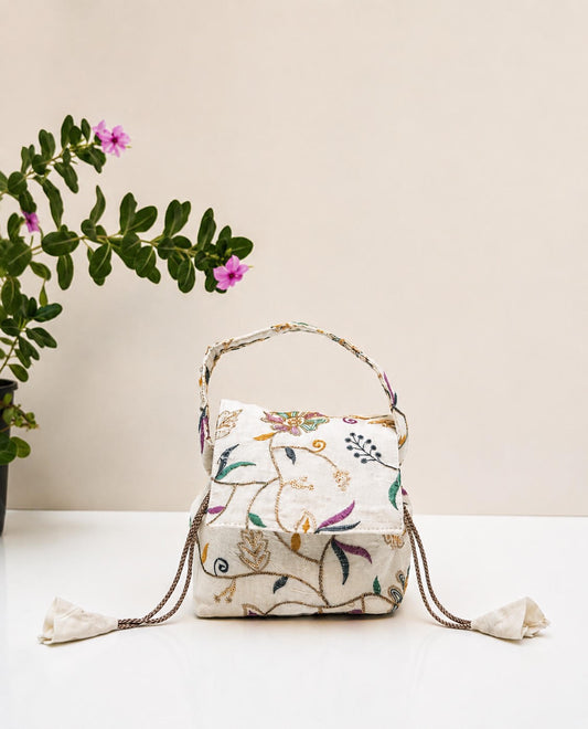 Ivory Bloom Embroidered Potli Bag – Cotton Drawstring Handbag for Weddings & Festive Wear